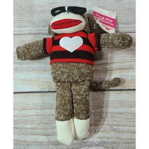 Sock Monkey Plush Knit Stuffed Animal Heart Sweater Glasses Love Valentine 9"